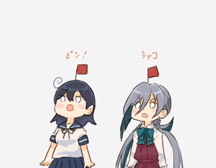 kiyoshimo (kancolle) ,ushio (kancolle) multiple girls ahoge 2girls school uniform serafuku long hair grey hair  illustration images