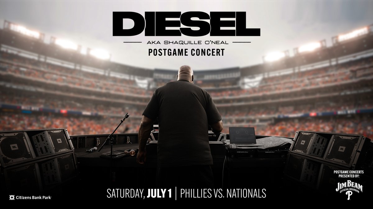 PhilliesCBP's tweet photo. Be at the Bank on July 1 for a Diesel aka Shaquille O’Neal postgame concert after the Phillies host the Nationals!

Tickets are currently available exclusively through a 6 or 3 game ticket pack.

🔗: https://t.co/kxffVBU7ko https://t.co/SrLAvcGlrz