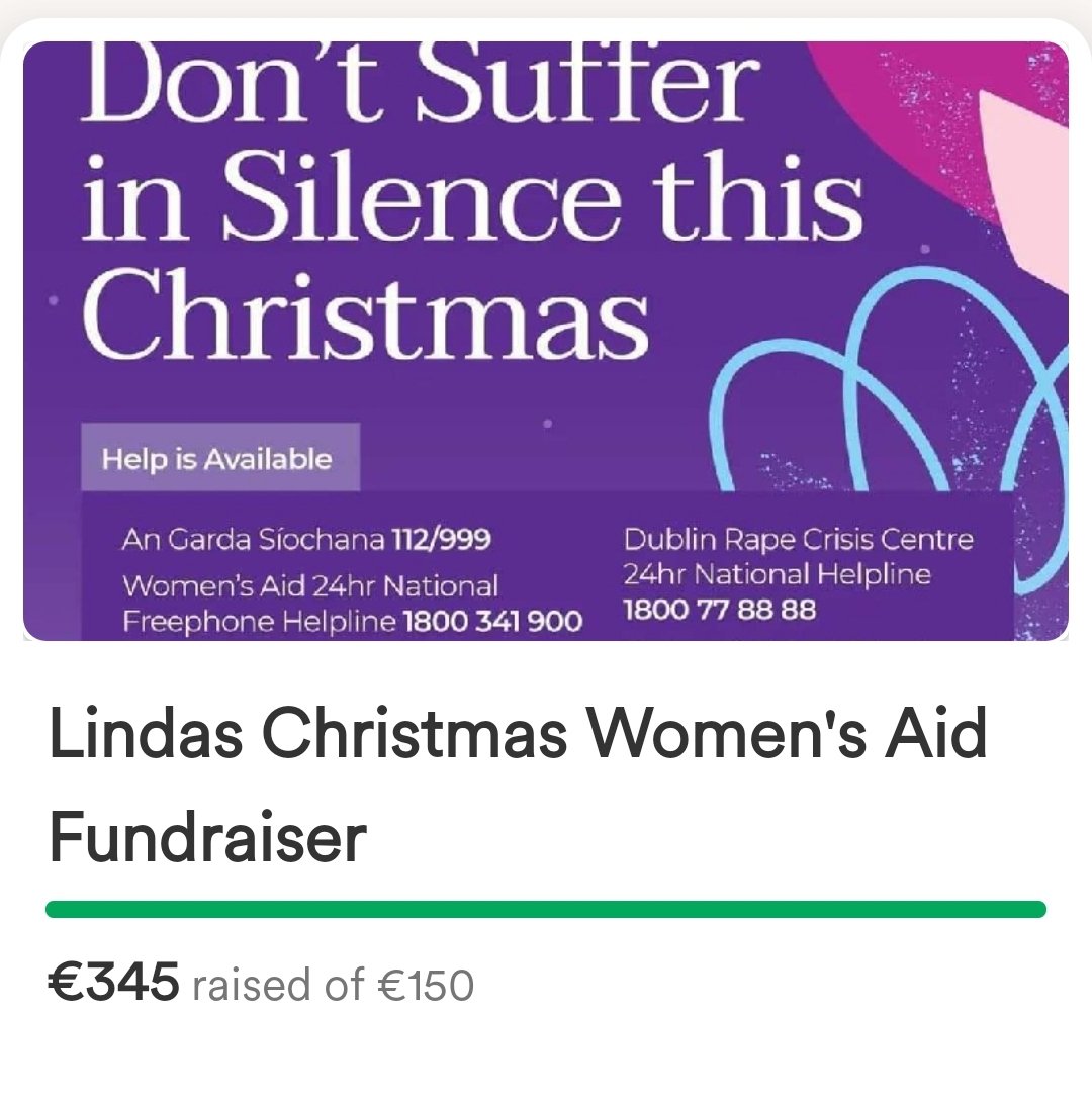lindaosull88's tweet image. Thanks to @karlosbyrne donation we are now at €345 for my @Womens_Aid Christmas fundraiser!

Please donate if you can over the coming days 💜

@Womens_Aid 1800 341 900