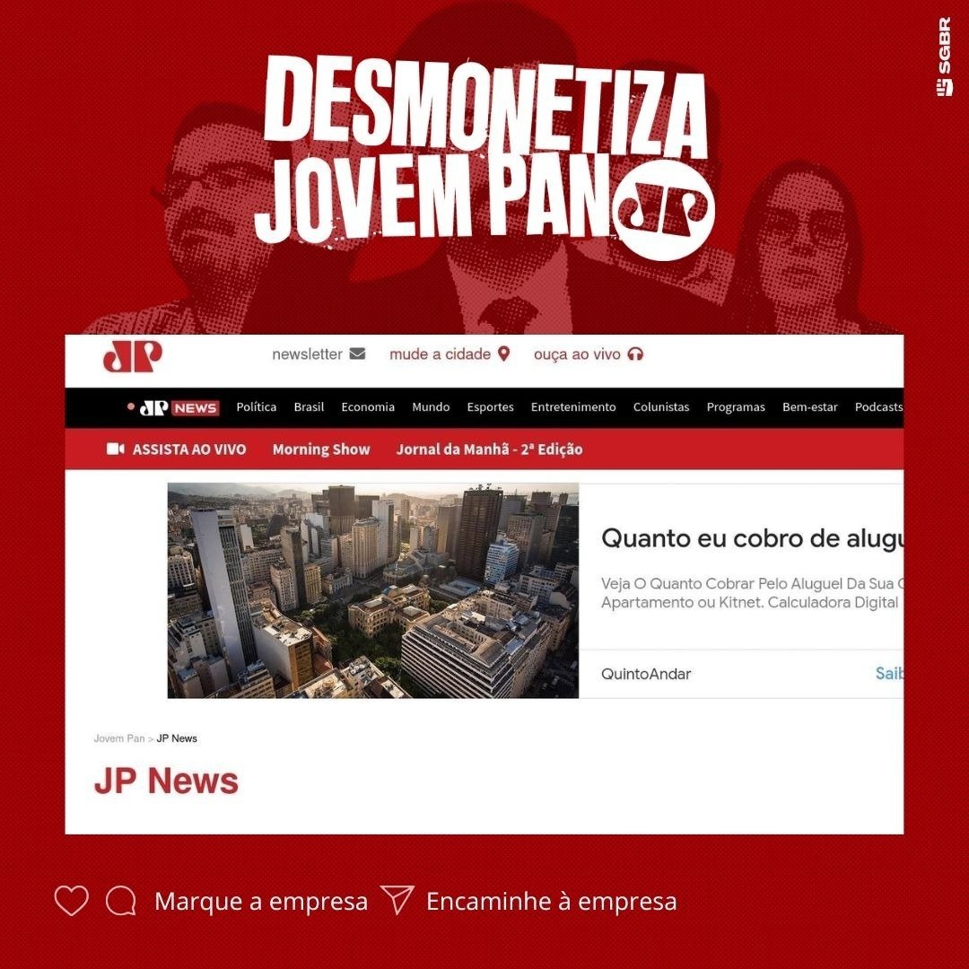 Olá <a href="/quintoandar/">QuintoAndar</a>, tudo bem? Vocês são especialistas em nos ajudar a encontrar um ambiente seguro, por isso acreditamos que um site que estimula discurso golpista não seja o melhor lar para os seus anúncios. Pfv, #DesmonetizaJP! ✊🏽

Marque a empresa para conscientizá-la 👇🏽