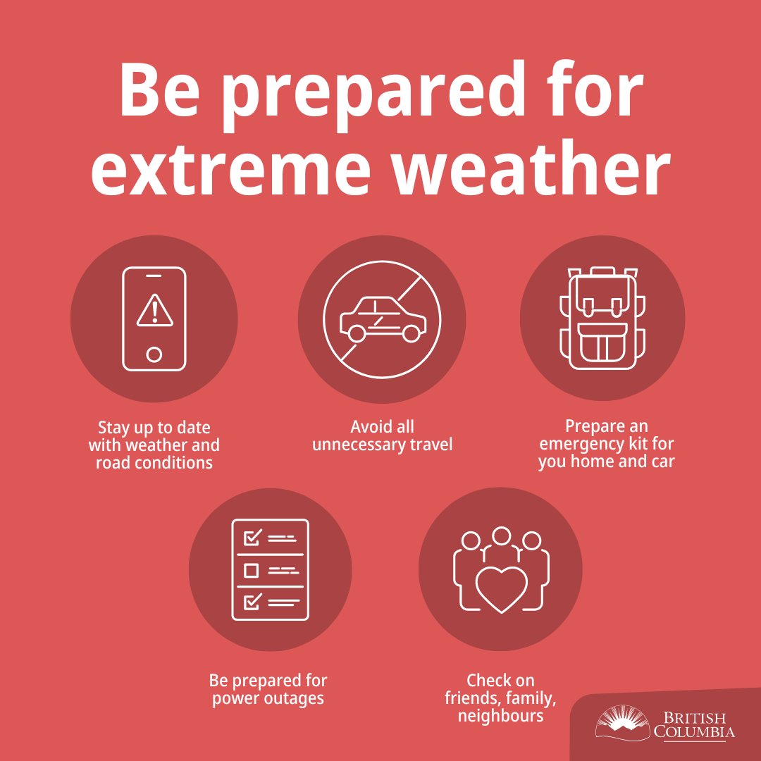 Snow is expected to turn to freezing rain lasting 12-36 hours across southern BC, creating extremely hazardous road conditions Thursday through Saturday. 🌨️🧊🌧️

Avoid travel unless absolutely necessary. Power outages may occur. Be prepared. news.gov.bc.ca/releases/2022E…