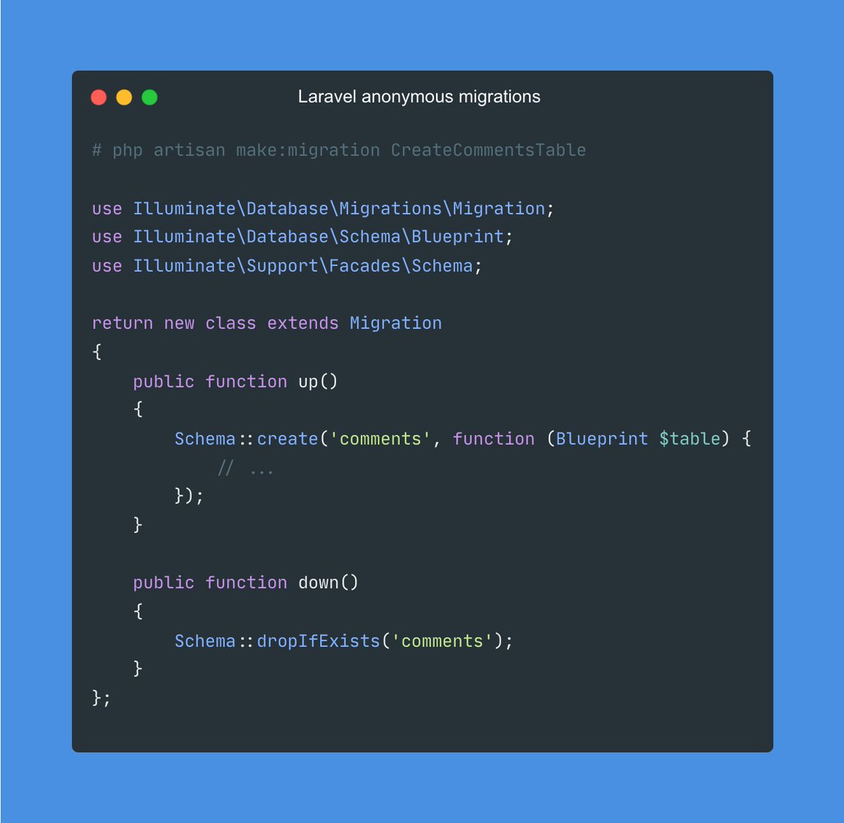 SerjStarovoitov's tweet image. Using @laravelphp anonymous migrations to avoid potential issues caused by multiple migrations having the same class name.

Was contributed to Laravel 8.37.
#laravel #laraveltricks #laraveltip #laraveltips #php