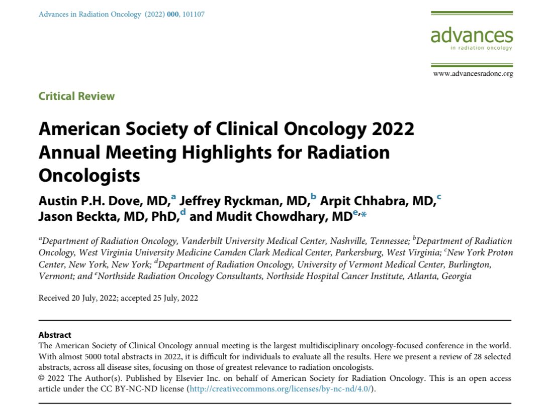 ☢️ ⚡️ Excited to share our critical review highlighting key studies involving radiotherapy from #ASCO22!

Link: advancesradonc.org/article/S2452-…

#radonc @OncoAlert @NorthsideGaMD