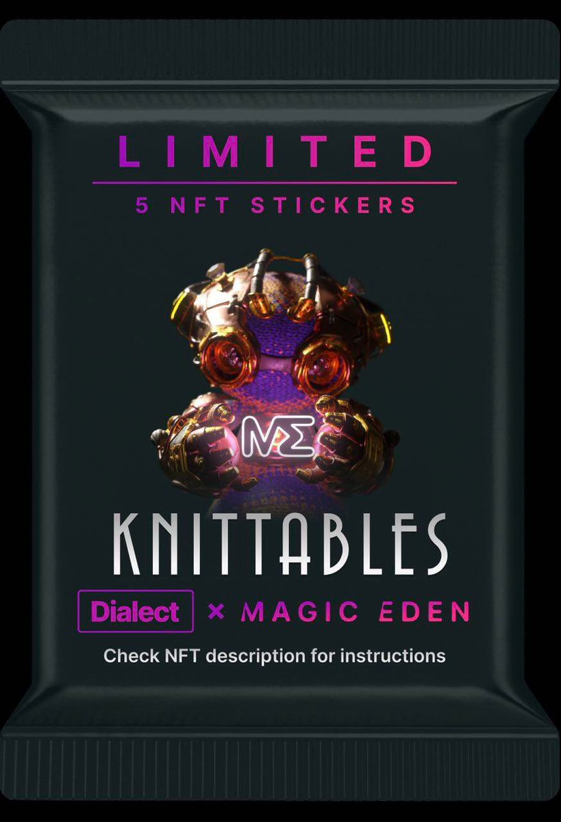 MagicEden's tweet photo. As part of ME Reward Hub’s 5 days of gifting, we’re giving away @theKnittables sticker packs redeemable in the @saydialect app! 

Sticker packs contain on chain NFT art from The Knittables that can be used in Dialect’s wallet to wallet and smart messaging app to share with frens! https://t.co/UaoiMWdU2v