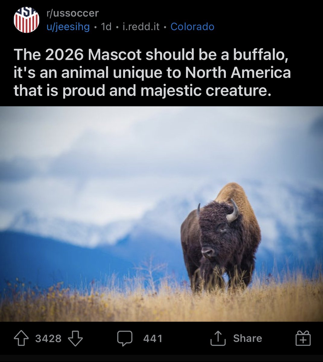 usmntonly's tweet image. The folks on Reddit US Soccer are calling for the buffalo to be named the official mascot for the 2026 World Cup 🦬🇺🇸