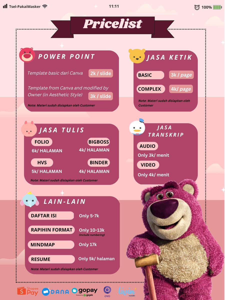 bronstellar's tweet photo. 🍥 Bronstellar || Ready To Help You! 🍥

Available:
✿ Jasa bikin Powerpoint (by Canva Pro)
✿ Jasa Tulis
✿ Jasa Ketik
✿ Jasa Lainnya
✿ etc.

💌 dm for more details (∩˃o˂∩)♡

#jokitugas #jokitugasmurah #jokippt #jokitulis #jokimurmer #zonauang #zonaba #jokipptaesthetic https://t.co/QYAVwBDlqh