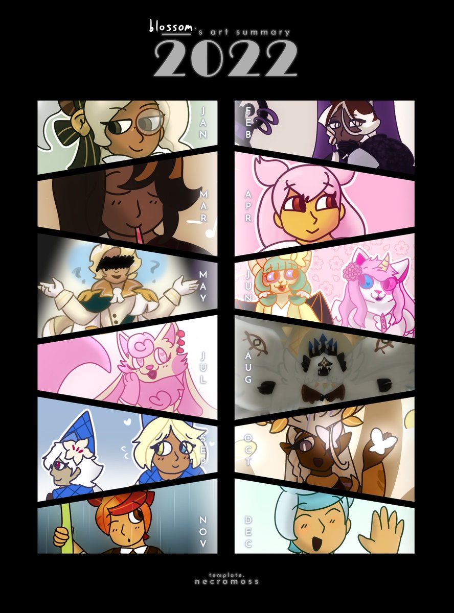 went ahead and made an art summary for this year since i finally made a shaded piece this month. pretty ok i think (template by @/necromosss) 