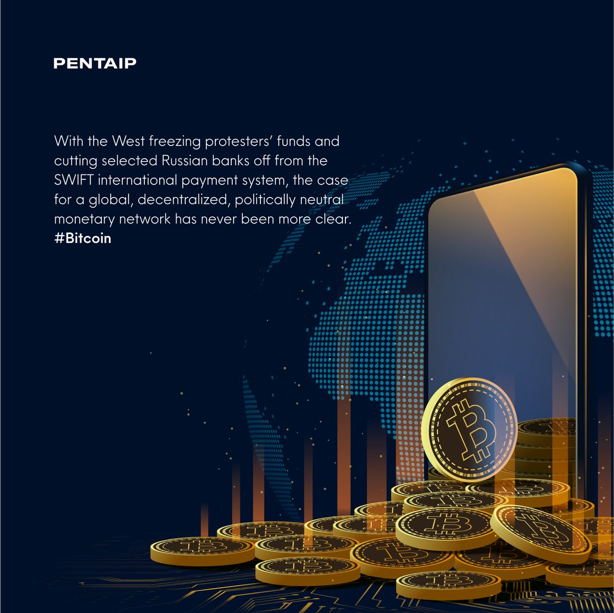 Pentaipcom's tweet photo. With the West freezing protesters’ funds and cutting selected Russian banks off from the SWIFT international payment system, the case for a global, decentralized, politically neutral monetary network has never been more clear. #Bitcoin https://t.co/MK1dw8ypOE