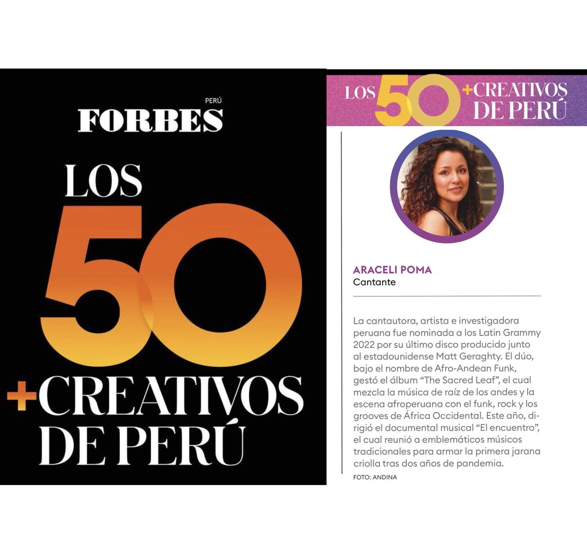 💫Wow! 
<a href="/Forbes/">Forbes</a> me incluyó en el primer listado de “Los 50 más creativos de Perú”, un reconocimiento a los peruanos y peruanas que están resaltando en las industrias culturales y creativas internacionales. 🙋🏽‍♀️

🙏🏾 Gracias por la mención a mi trabajo.