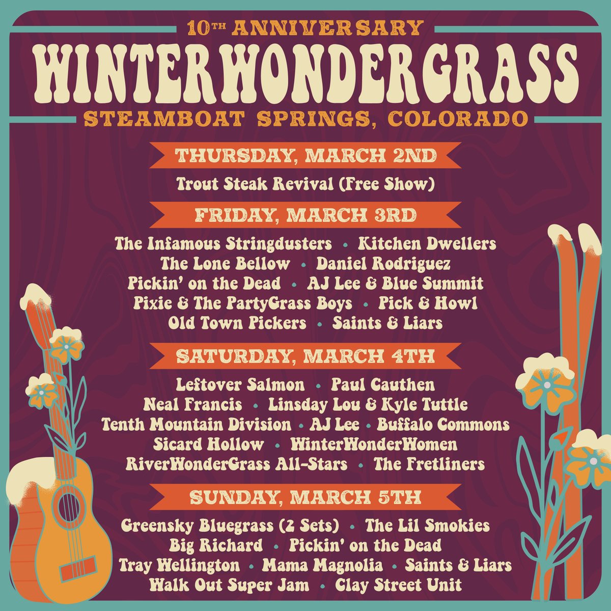 .@WWGfestival will celebrate ten years of music on the mountain when it returns to Steamboat Springs, CO this coming March! The flagship WWG festival will return to Steamboat Ski Resort with @campgreensky, @stringdusters, @LeftoverSalmon, and more. 🎫: winterwondergrass.com/steamboat