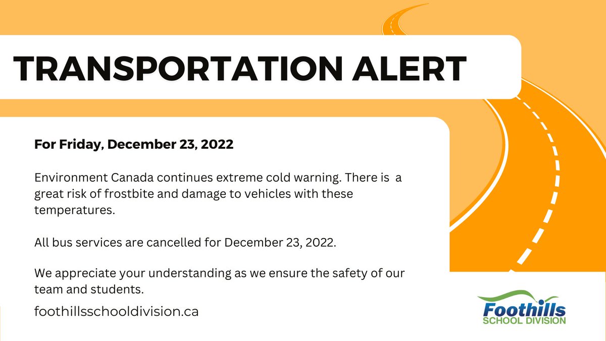 Foothills_ab_ca's tweet image. TRANSPORTATION ALERT
Out of an abundance of caution, bus service will remain cancelled through Friday, December 23, 2022. We also wish to remind everyone that December 23 is early dismissal from schools. 
Thank you for your understanding as we maintain safe operations.