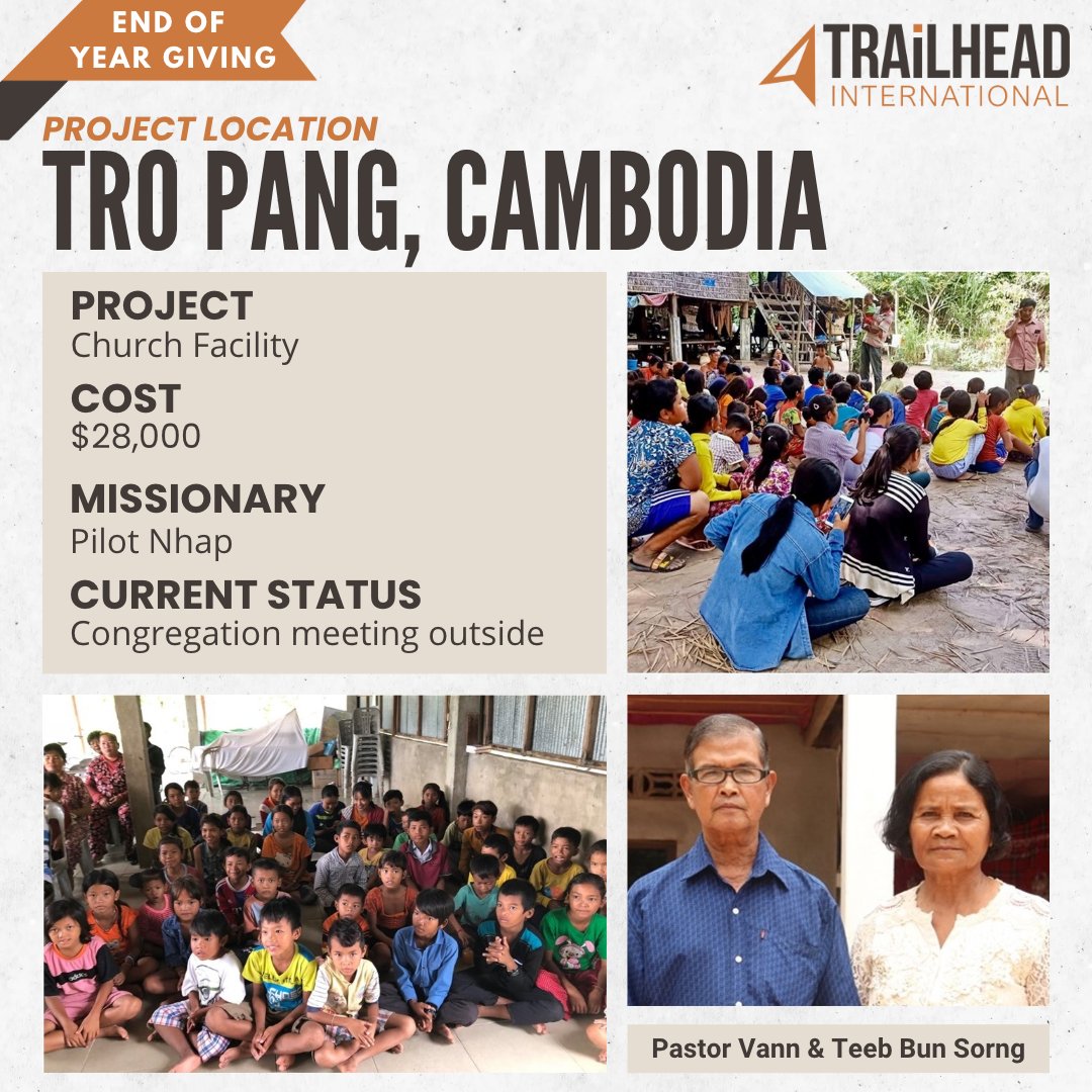 To close out the year, Trailhead is raising money for a church project in #Cambodia! ⛪ 100% of all funds raised goes directly to projects and people in need.

Donate here and designate "Cambodia" in the memo: lnkd.in/gjG9KQKd

#EndOfYearGiving #TrailheadInternational