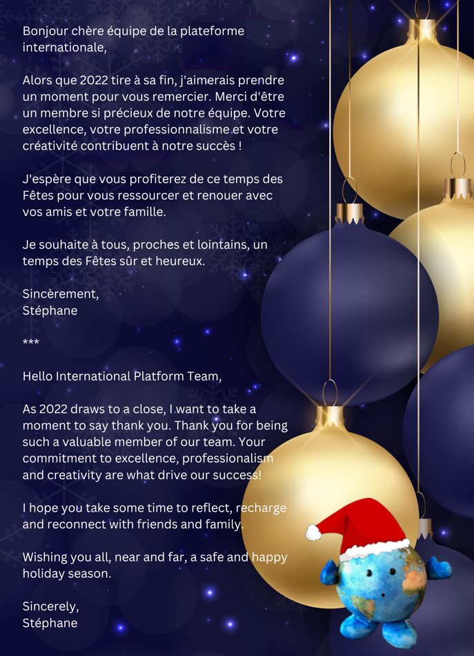 stephanecousine's tweet photo. A tous nous employés à travers le monde, passez de belles fêtes et bonne année 2023! Santé, bonheur et succès pour la nouvelle année ! To all our employees around the globe, happy holidays and happy new year ! All the best for 2023! #Happyholidays #OneteamOneplatformPeoplefirst! https://t.co/Qdnr2c3GHJ