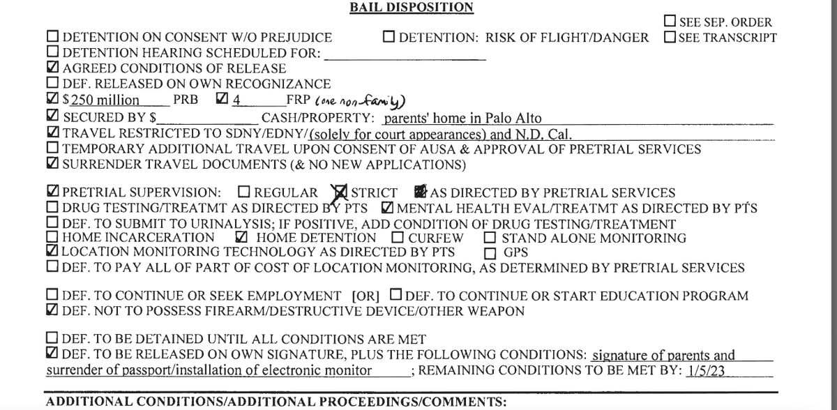 MaileOnX's tweet photo. Some official details from SBF’s Bail Release. Notably still has access to electronics including internet, phones &amp; computers. And has NO GPS tracking. Parents equity in house satisfied bail. Release to 4 individuals, 2 names withheld. https://t.co/IyQ1Inz1Tr