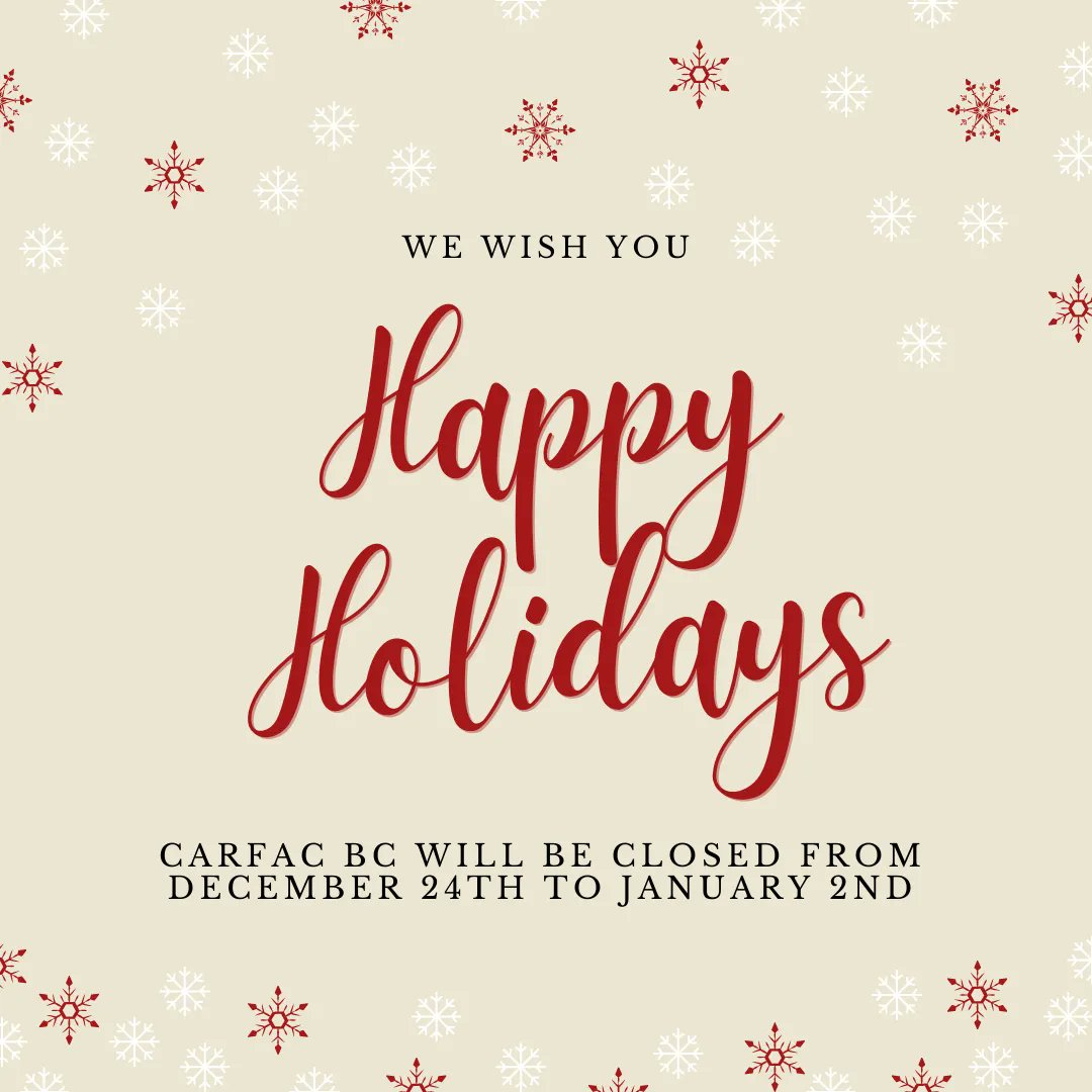 Happy Holidays from CARFAC BC! We wish all our members a happy holiday season however you celebrate. 

CARFAC BC will be closed from December 24 - January 2, but we can be reached through email in a limited capacity.