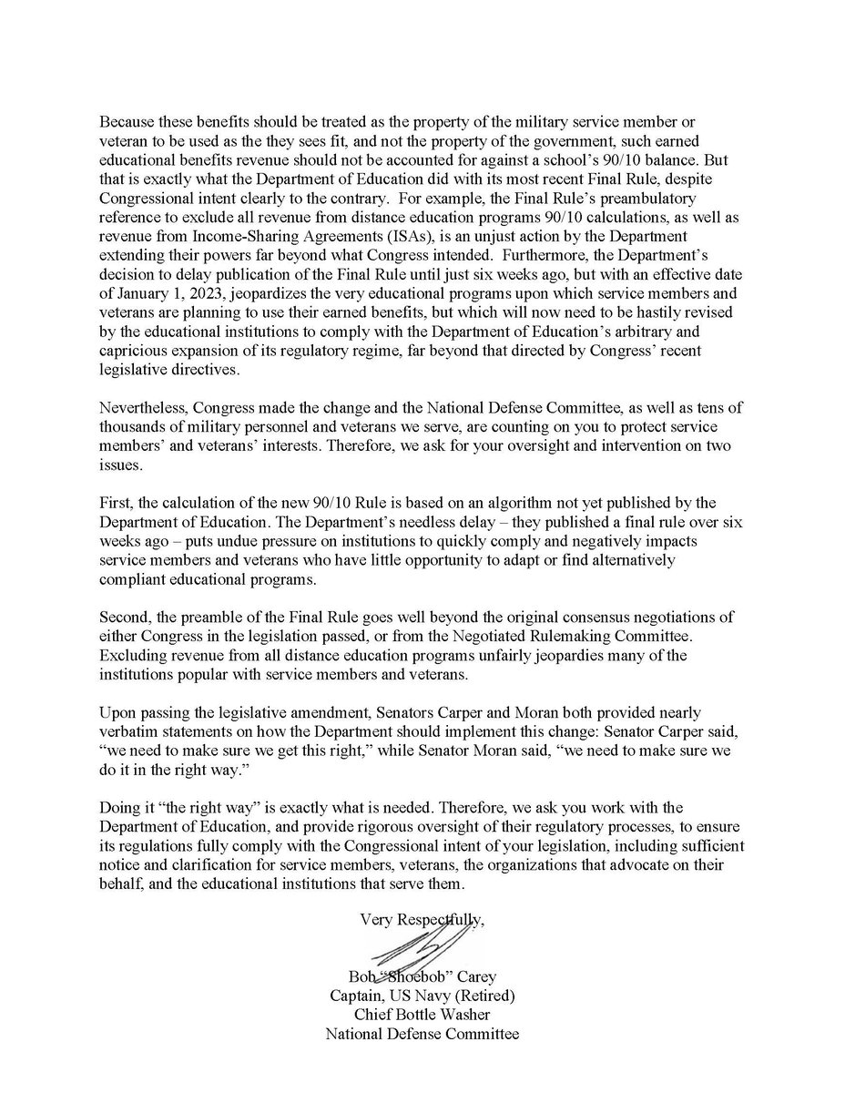 Why is <a href="/usedgov/">U.S. Department of Education</a> telling mil/vets how they can spend their EARNED ed bennies?  The 90/10 Rule is just condescending paternalism towards the same mil/vets we also trust(ed) to determine who to shoot, and when.

<a href="/NatlDefenseCtte/">Nat'l Defense Ctte</a> asking Congress to fix this...soon.

#VetsChoice