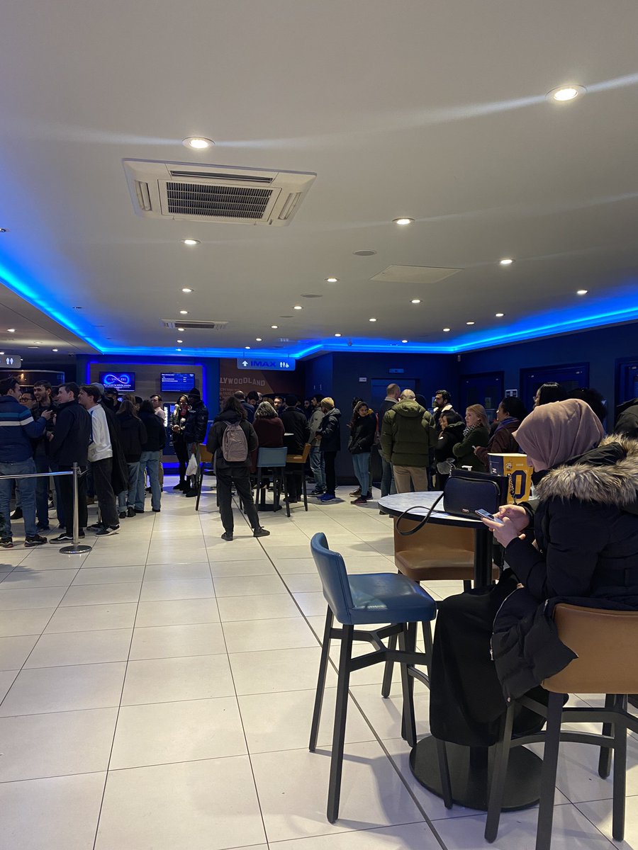 Chaos at <a href="/ODEONCinemas/">ODEON</a>… wait for over an hour in <a href="/IMAX/">IMAX</a> Swiss Cottage with a blank screen, no communication from staff about what’s going and then ask us to stand in huge line to get a refund when eventually admit it’s broken… safe to say this lobby is not full of festive cheer