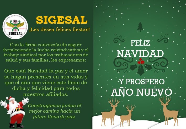 SigesalN's tweet photo. Feliz Navidad y próspero Año Nuevo les desea SIGESAL.
#Navidad #añonuevo https://t.co/dWCIJE4aUl