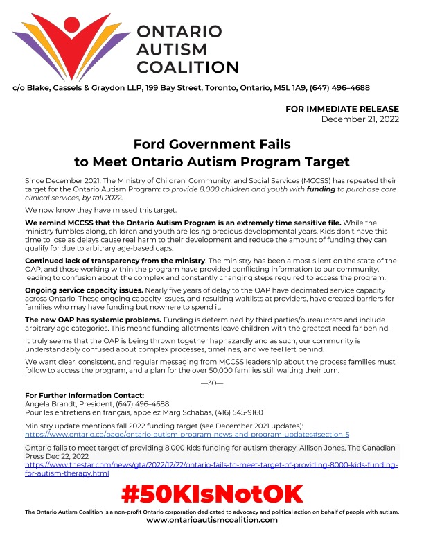 The Ford government missed an important target this week: to get 8K waitlisted kids their ON Autism Program funding by fall 2022. 

Please see our response below. 

#50KIsNotOK #onpoli #NeedsBasedTherapy