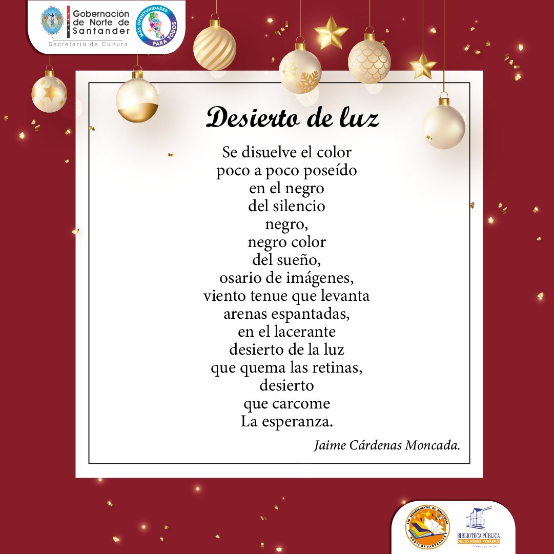 📚Libro : “Muestra literaria” (libro de asociación de escritores de norte de Santander, 1995).  🎄
📜Poema: Desierto de luz
✍🏼Autor: Jaime Cárdenas Moncada.

#poema #poesia #diciembre #nortedesantander 
<a href="/GoberNorte/">Gobernación de Norte de Santander</a> <a href="/RNBPColombia/">Red Nacional de Bibliotecas Públicas de Colombia</a>