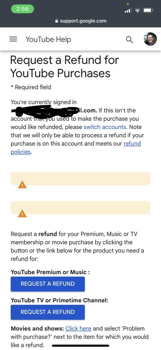 mushadow's tweet photo. @TeamYouTube Thank you for the reply.  I used the link but I can’t log into my account to process a refund. I logged in with my gmail account (not my university account) and it gave me this message.  Which says to switch accounts to the one that requires a refund. https://t.co/2qlsZkJhjV