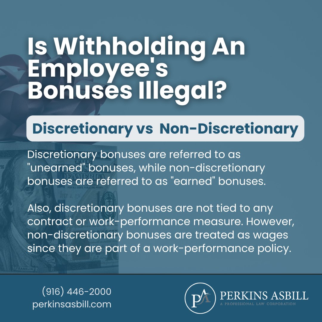 PerkinsAsbill's tweet photo. An example of a discretionary bonus would be a Christmas bonus. Your boss is not required to give you one; they can choose to give you one. However, a non-discretionary bonus is based on your job performance, and if it is in your contract, it must be given to you. https://t.co/n7aUTWql9Q