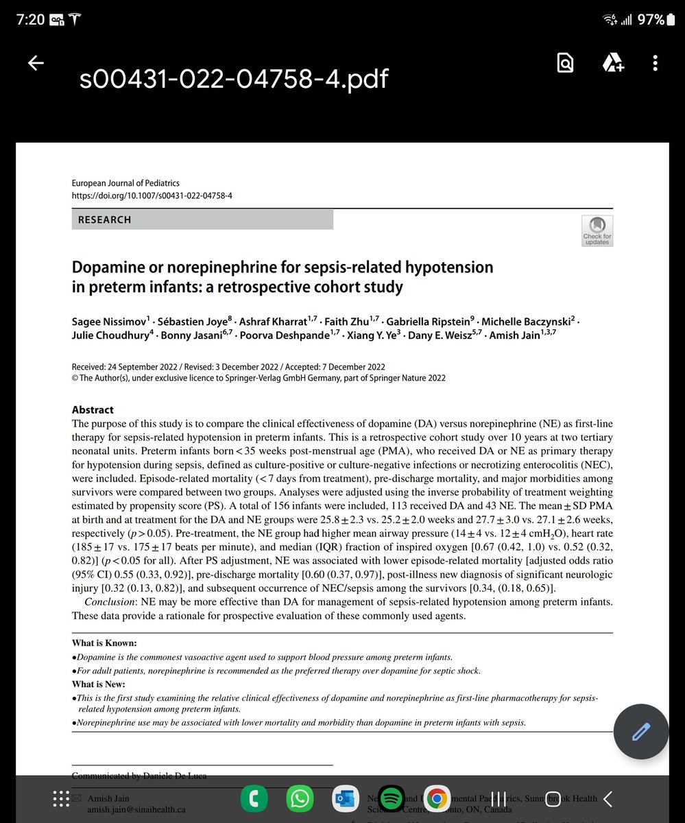 Please to share the results of our recent investigation are out. Not definitive but a start, for generating evidence in prem neonates. Also the background for our Canadian group's ongoing CER study comparing DA to NE for sepsis related hypotension.