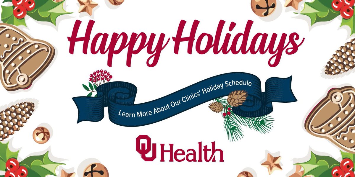 OUHealth's tweet photo. While our hospitals never close, our clinics will observe special hours this holiday.

OU Health clinics — both adult &amp; pediatric — will close at noon on Dec. 23 &amp; Dec. 30, but will remain open on the federally observed holidays of Dec. 26 &amp; Jan. 2.

https://t.co/gwE7nh34nD https://t.co/63RggTJwfp