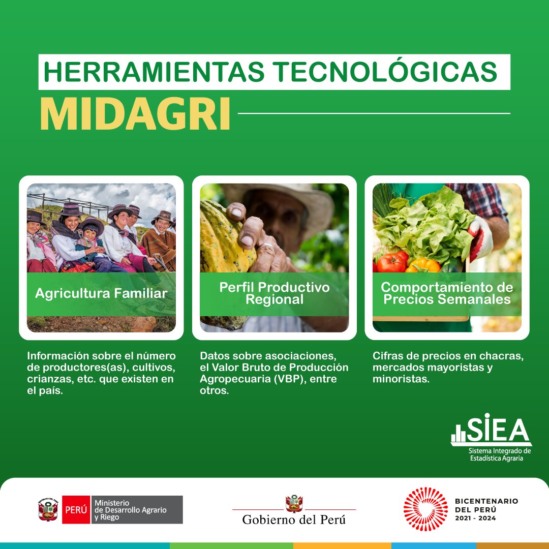 midagriperu's tweet image. 💻 Aquí te presentamos algunas de las herramientas tecnológicas con las que cuenta el MIDAGRI, a través de las cuales podrás visualizar y analizar estadísticas agropecuarias a nivel nacional.

Ingresa a siea.midagri.gob.pe/portal/siea_bi/ para acceder a más información sobre el sector.
