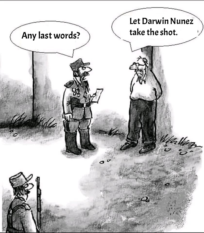 UTDndahi's tweet photo. According to research, there's a 99.9% chance you'll avoid getting hit if Darwin Nunez shots you. https://t.co/0BGQAa3cI5