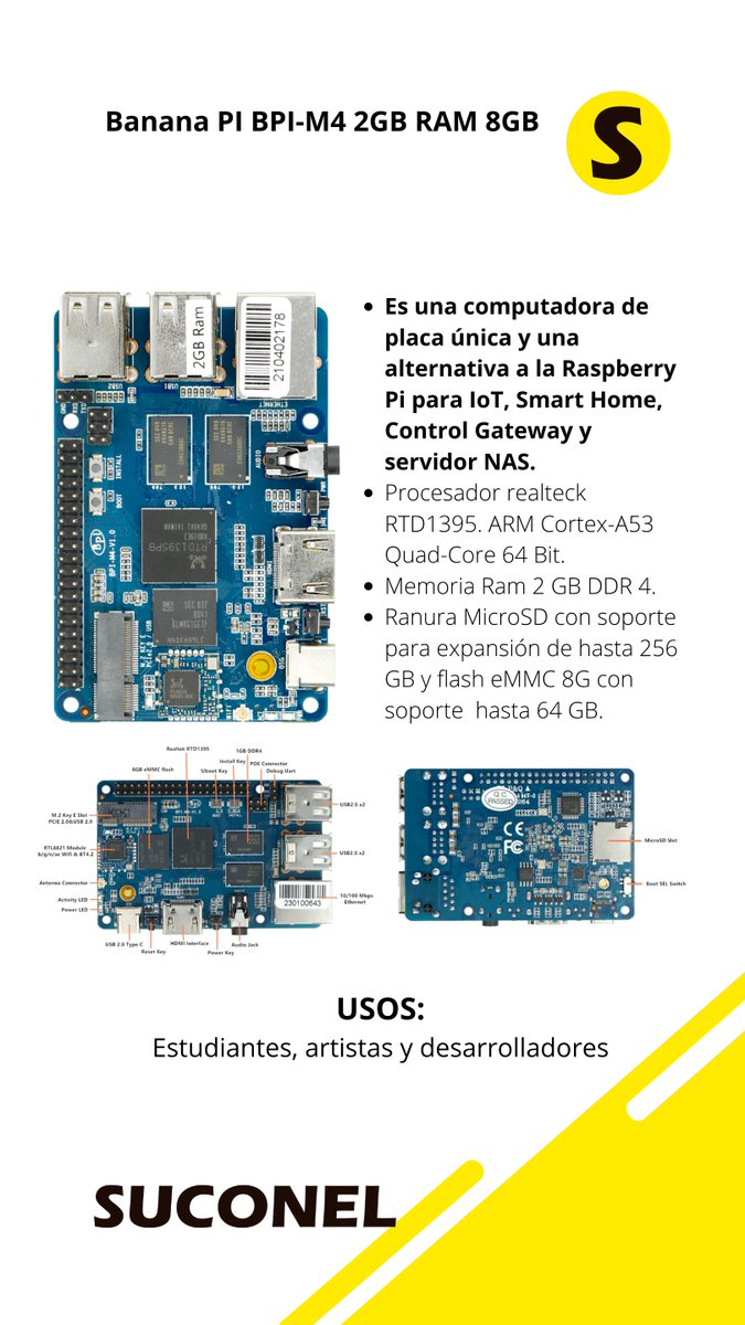 Suconel's tweet photo. El módulo de desarrollo Banana Pi es una plataforma de hardware basada en una tarjeta de desarrollo que utiliza un procesador ARM Cortex-A53.

Disponible en Suconel https://t.co/cHojVhDCGh https://t.co/xTtmEoEfzd