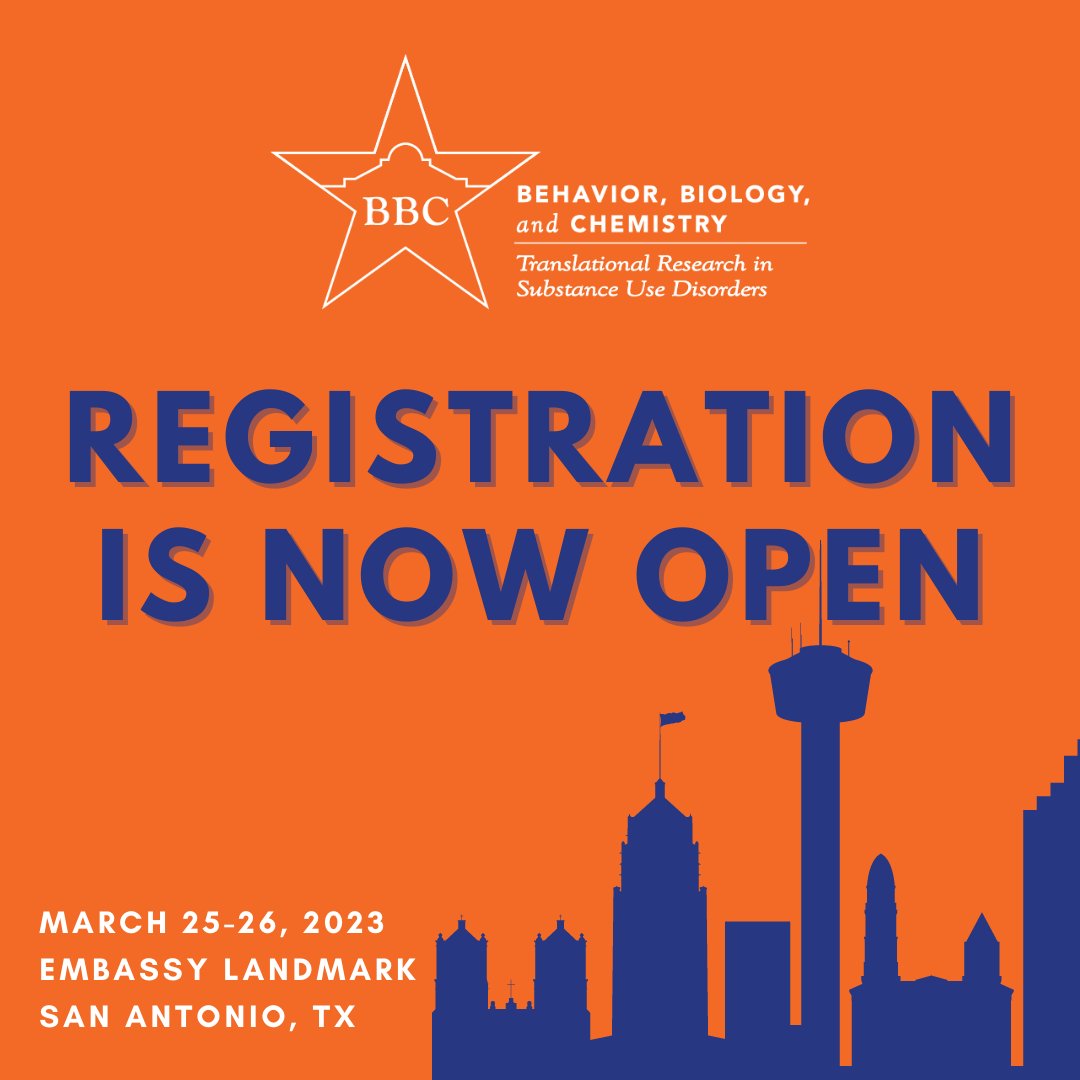 Registration is open for the 15th Annual Behavior, Biology, and Chemistry Conference! #BBC2023 This 2-day conference focuses on translational aspects of substance use disorder research among chemists, biologists, and behavioral scientists. 

REGISTER NOW: ww2.uthscsa.edu/artt/bbc/Regis…