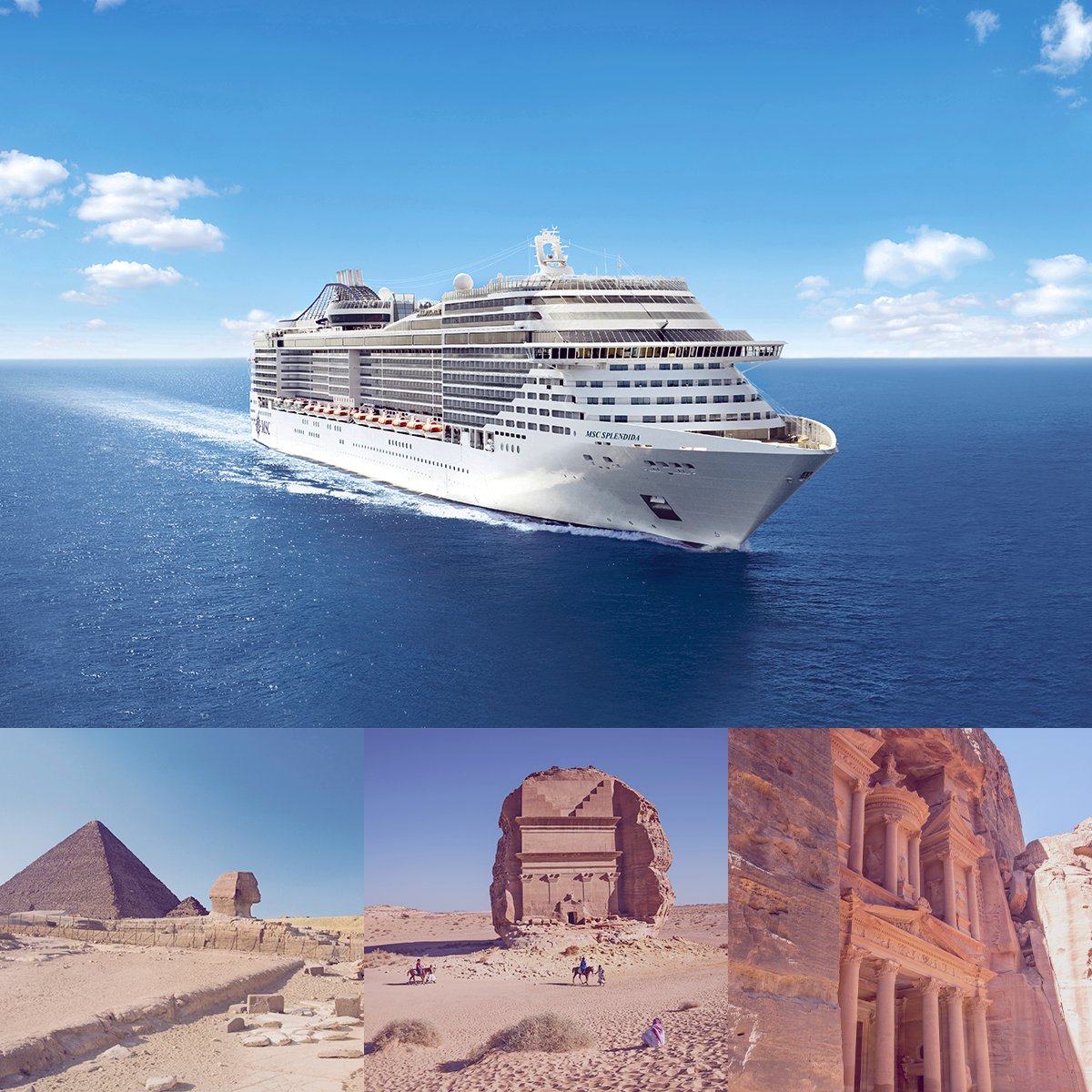 MSCCruzeiros's tweet image. Seu cruzeiro de 7 noites pelo Mar Vermelho com o #MSCSplendida ficou ainda mais mágico. ⭐ Com o pacote completo você prolonga sua estadia em terra e tem a oportunidade de visitar tesouros mundiais como Cairo e a Grande Pirâmide de Gizé. 
Saiba mais: bit.ly/3gAGJqs