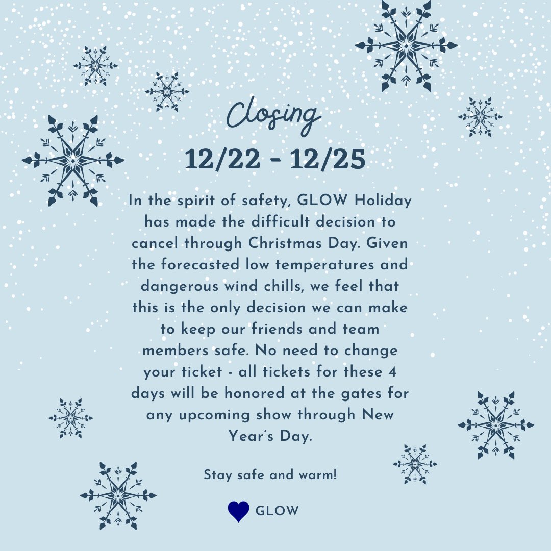 We are closing tonight through Christmas Day. We look forward to seeing you soon! 

💙 GLOW