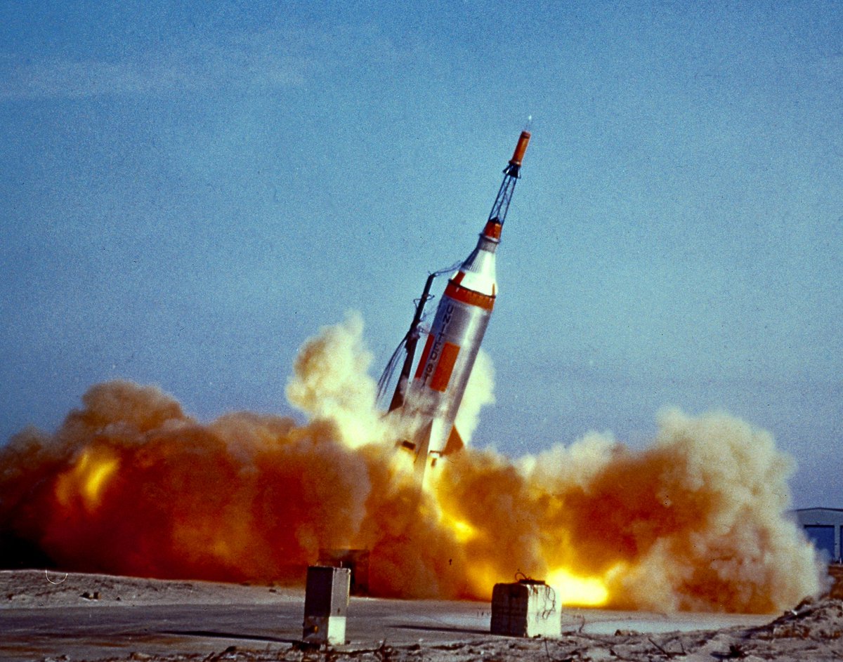 The Little Joe booster lifts off for the LJ1B mission, January 21, 1960. This mission achieved the suborbital Mercury capsule test, testing of the escape system, and biomedical tests by using a monkey, named Miss Sam.