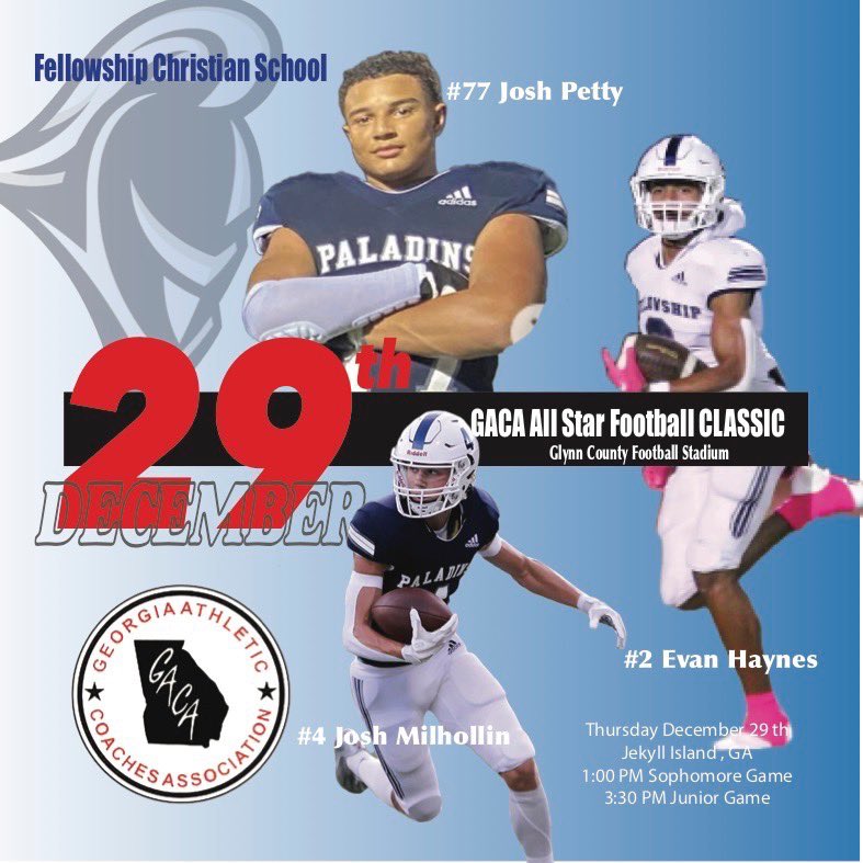 <a href="/GACACoaches/">Georgia Athletic Coaches Association</a> <a href="/J_petty77/">Josh Petty</a> <a href="/JoshMilhollin85/">Josh Milhollin</a> <a href="/PaladinsFCS/">Fellowship Christian Athletics</a> <a href="/FCS_Recruiting/">Paladins Recruiting</a> <a href="/CoachJT1515/">John Thompson</a> <a href="/MikeHaynes81/">Mike Haynes</a> <a href="/MCDSeigler/">(Mr./Coach/Dr.) Brandon Seigler, Ph.D., Ed.S. 🇺🇸</a> <a href="/dlowery44/">David Lowery</a> <a href="/CalebMcmickle/">Caleb McMickle</a>