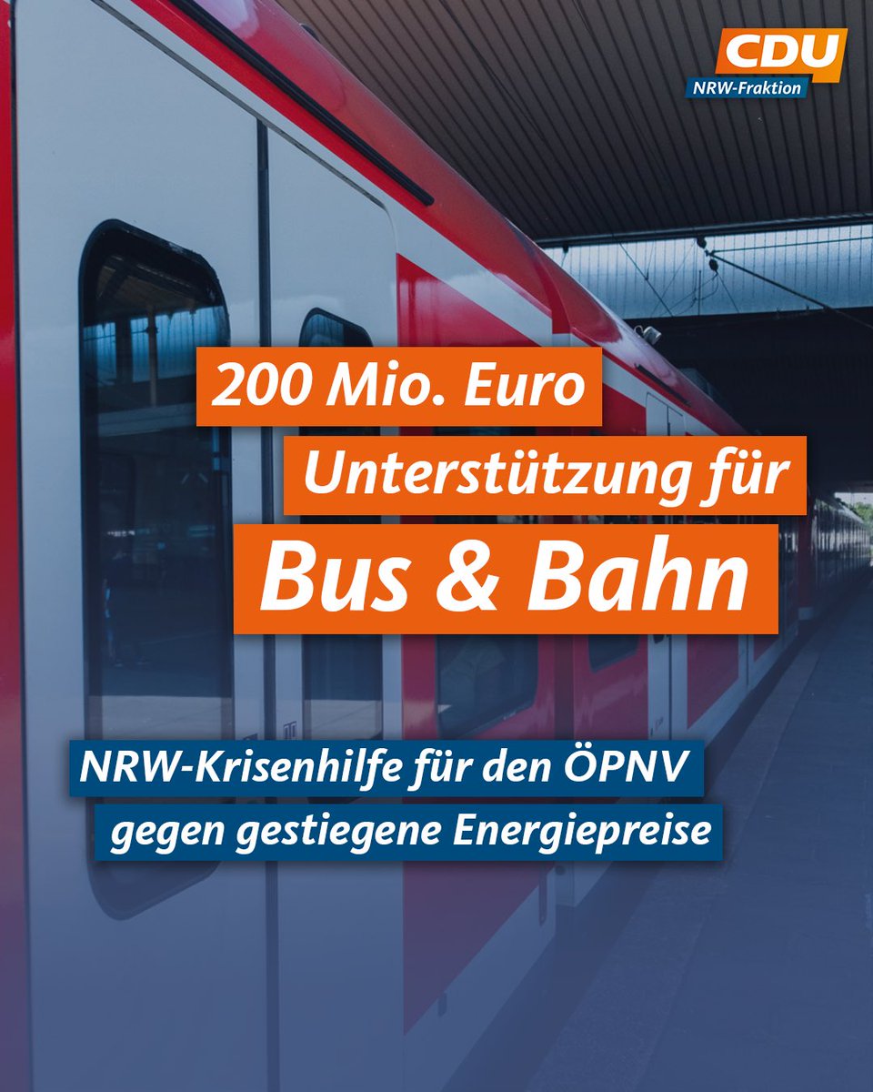 Wir sorgen dafür, dass Bus und Bahn trotz der massiv gestiegenen Energiepreise weiter fahren. Dafür geben wir mit unserem ersten Krisenhilfspaket 200 Mio €. Wir schaffen Verlässlichkeit für Pendlerinnen und Pendler in Nordrhein-Westfalen. #NRWbleibtstark #NRWKrisenhilfe