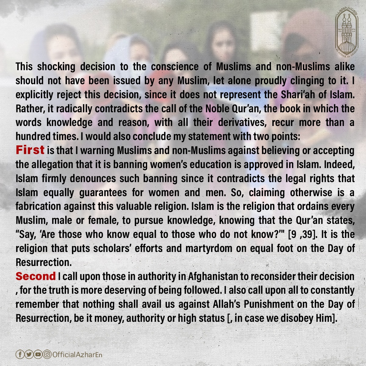 AlAzhar's tweet photo. The Grand Imam’s statement on the suspension of women’s access to university education in #Afghanistan https://t.co/rDS6OjuWXw