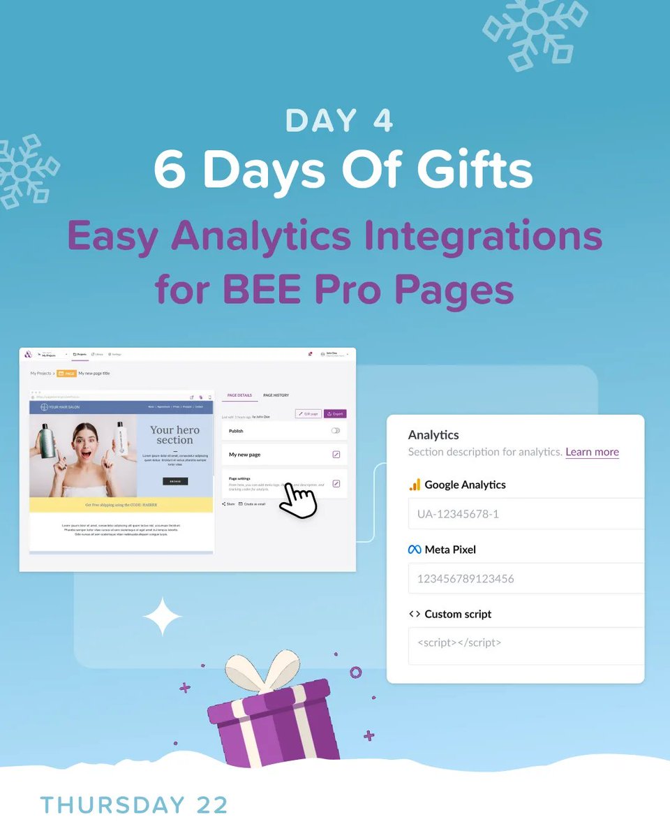 beefreeio's tweet image. Analytics are extremely important in marketing, which is why today we’re announcing Analytics for Pages!
You can now easily integrate Google Analytics, a Meta Pixel or custom script.
bit.ly/3G3tUyv to learn about Pages. #NoCodeDesign #NoCodeLandingPage #NoCodeMarket…
