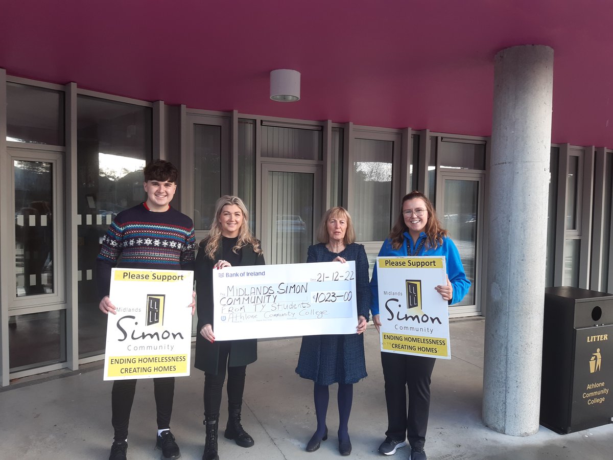 A huge thanks to <a href="/ccathlone/">Athlone Community College</a> for their amazing donation to our work. A special thanks to Ryan Dolan TY student, Principal Eileen Donohoe and Katie Gallagher who presented the donation to Emma from Midlands Simon Community on Wednesday.