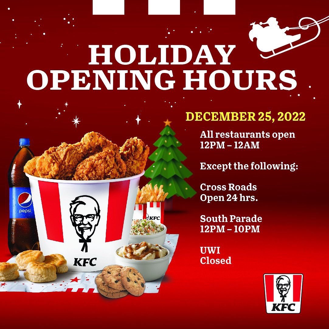 KFC is OPEN and FRYIN for the Holiday Season! 😋😋🍗🍗🍗🎄🎄🎄 
Here are our opening hours for December 23 to 27! 

#KFC #KFCChristmas #KFCOpeningHours #KFCHolidays #FestiveFeast  #FestiveSeason #OpenAndFrying