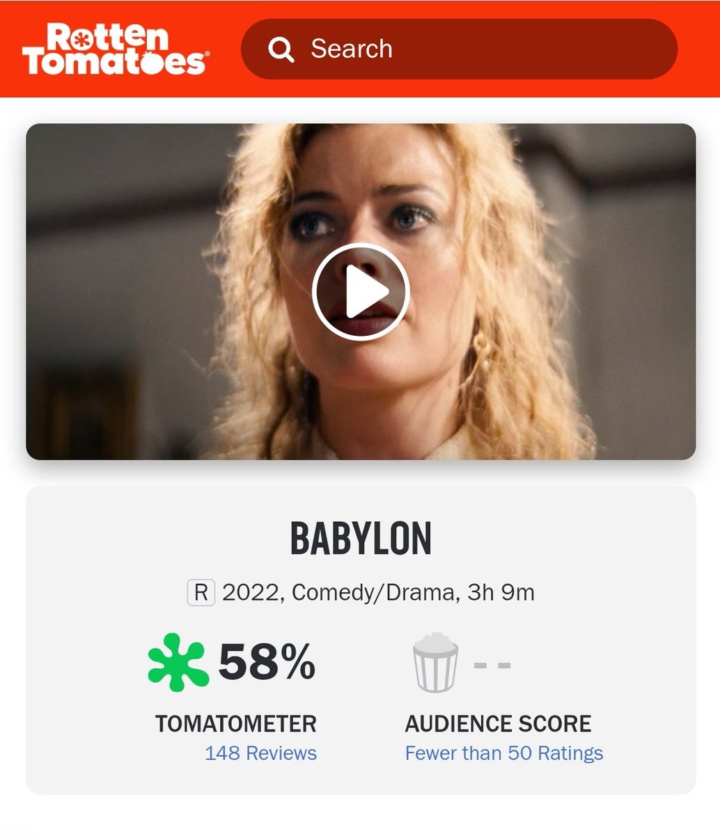 DiscussingFilm's tweet image. 'BABYLON' is now at 58% on Rotten Tomatoes with 148 reviews. 

Read our review: bit.ly/DFBabylon