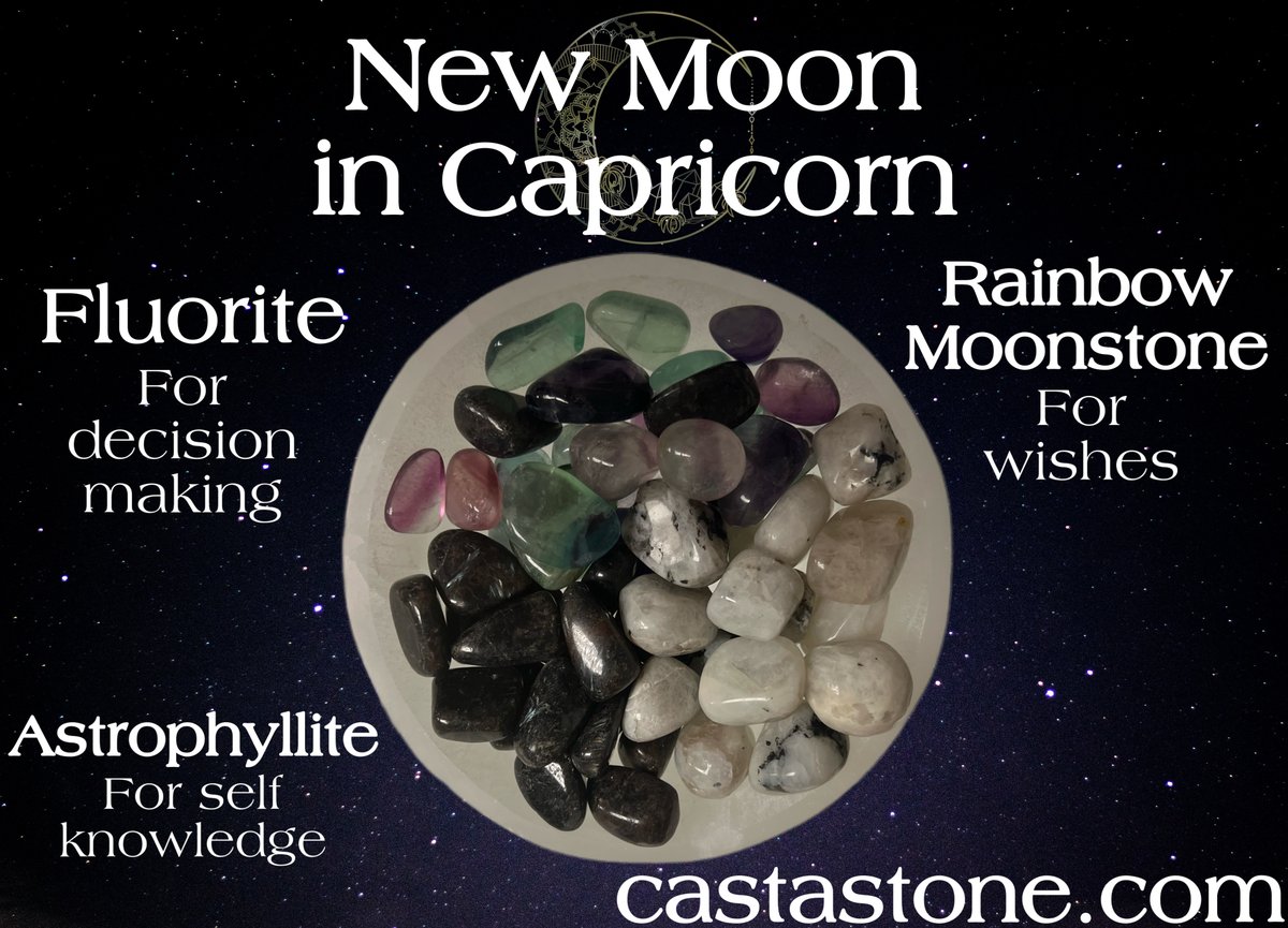 Super New Moon in Capricorn ♑️

We’re kicking it off with the final New Moon of the year, and it’s super✨! Be prepared for some strong side effects.

Remember:
🧠Astrophyllite for self-knowledge 
⚖️Fluorite for level-headed decision making
🌈Rainbow Moonstone for wishes