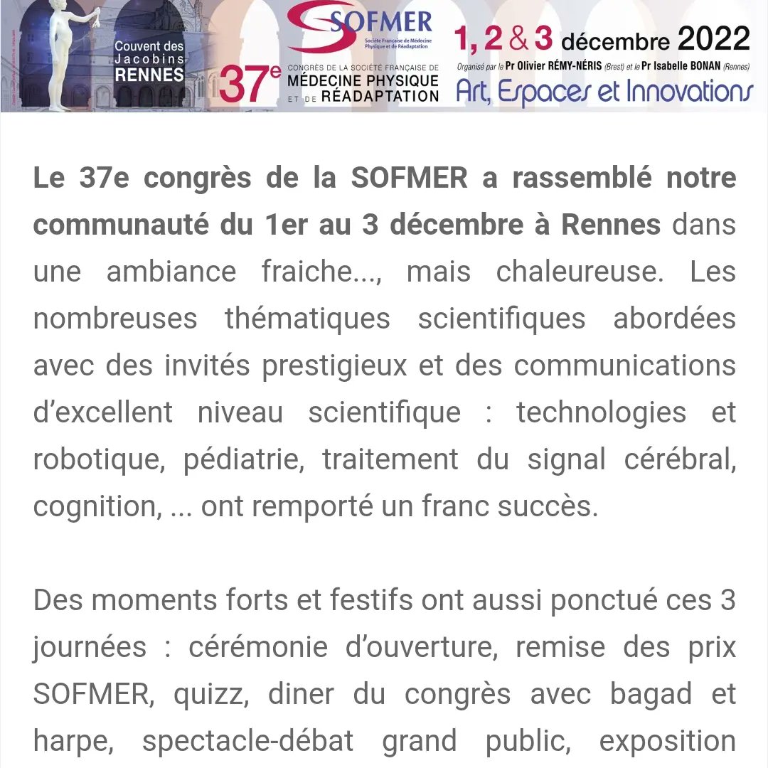 SOFMERofficiel's tweet photo. Le 3️⃣7️⃣e #congrès de la #SOFMER a rassemblé notre communauté du 1er au 3 décembre ❄️ à #Rennes ❗
📌 Cap maintenant vers Le Havre du 12 au 14 octobre 2023 avec le Pr Eric Vérin et toute son équipe!
Bientôt le #replay! https://t.co/QoraeP38Me