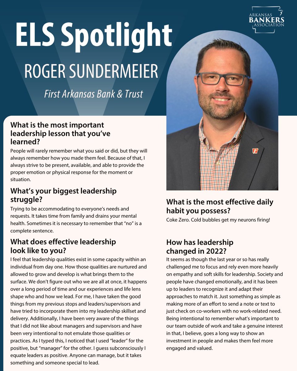 ⭐️ #ELSspotlight
This week’s ELS Spotlight is Roger Sundermeier, SVP/Chief Branding Officer at <a href="/fabandt/">FAB&T</a>. Roger’s primary functions are marketing &amp; branding and he is also the point of contact for culture &amp; morale programs FAB&amp;T try to implement inside the bank.
#ARHometownBankers
