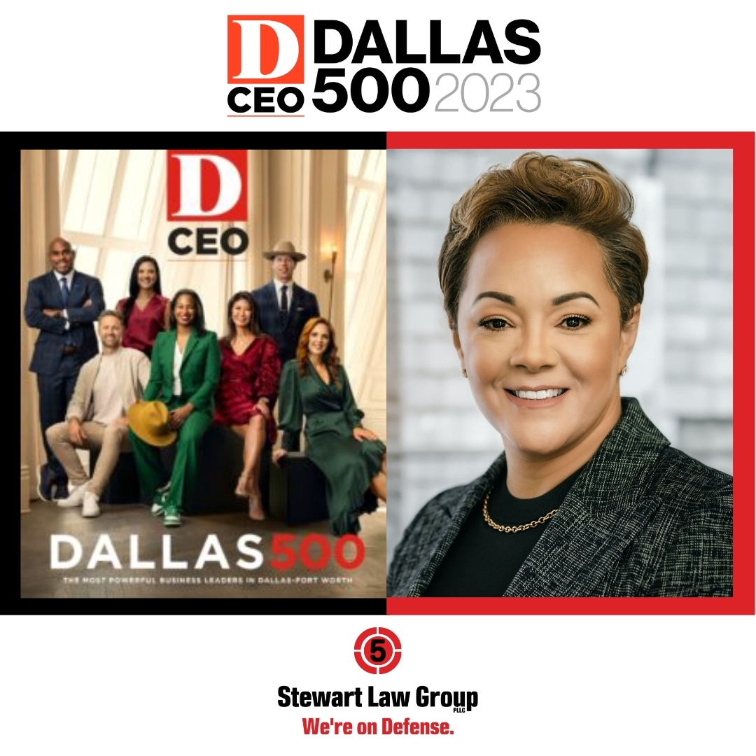 Two-time All DCEO500
 
Stewart Law Group PLLC We're on Defense.
 
#Dallas500 #influentialleaders #influentialwomen #influentialleadership #laywer #DallasMagazine #attorneys #dceomagazine

Learn more here: bit.ly/3AQqH2t