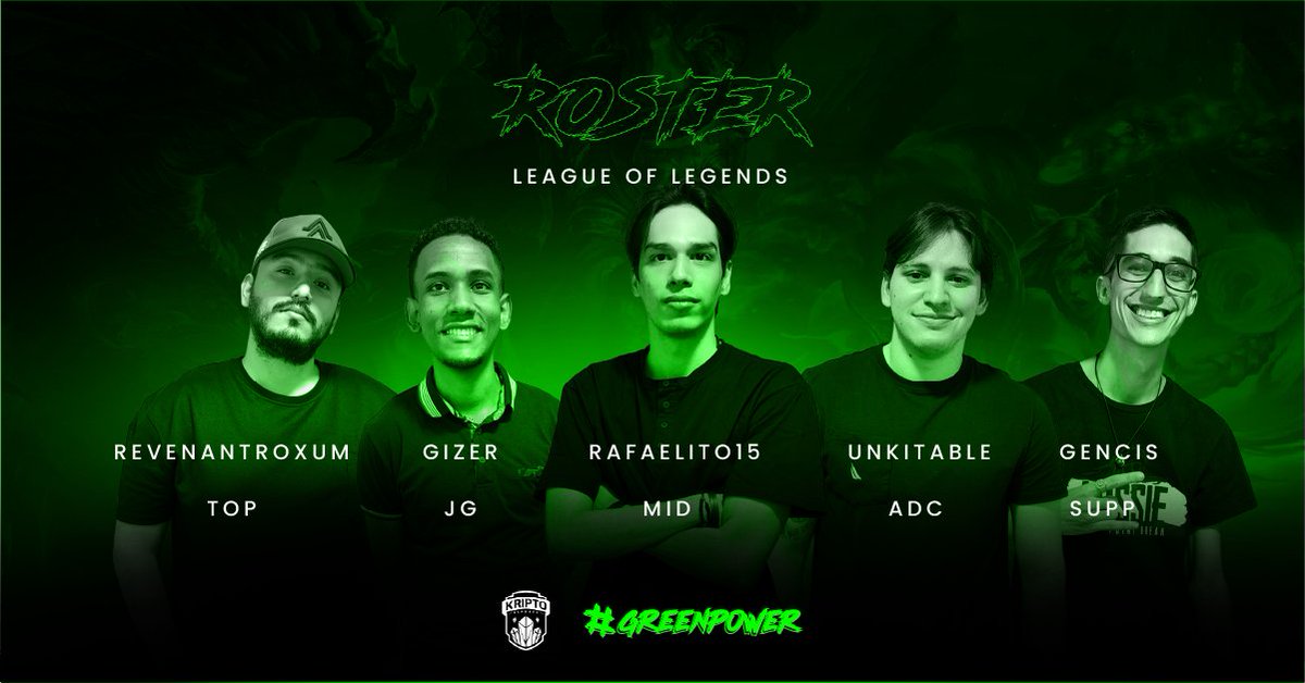 KriptoEsports's tweet photo. Ha llegado el momento de presentar nuestro roster para League of Legends, listo para llenar de #GreenPower la grieta del invocador.

#VenezuelaEsports #LoLVenezuela #LeagueOfLegends https://t.co/7gKLvdAJfq