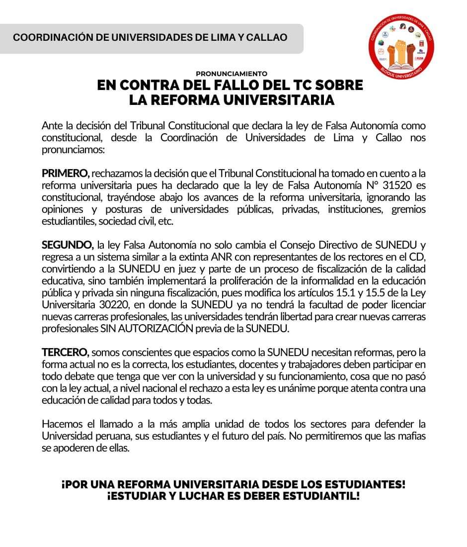 #ATENCIÓN I PRONUNCIAMIENTO EN CONTRA DE LA DECISIÓN DEL TC

Ante la decisión del Tribunal Constitucional que declara la ley de Falsa Autonomía como constitucional, desde la Coordinación de Universidades de Lima y Callao nos pronunciamos.