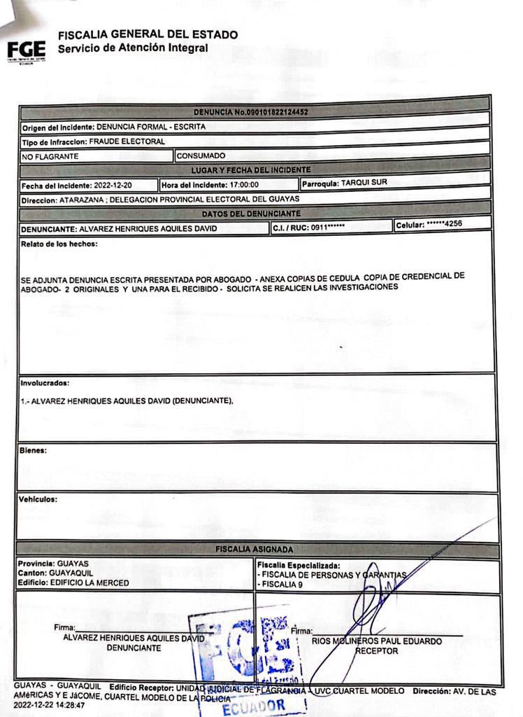 He pedido a la Fiscalía el allanamiento de la Delegación Provincial del CNE y el peritaje de todos los equipos y registros con los que se hizo el sorteo. 
NO VOY A PERMITIR QUE LE ROBEN UN SOLO VOTO A GUAYAQUIL.
<a href="/CynthiaViteri6/">Cynthia Viteri</a> sabe que está en caída libre en las encuestas.