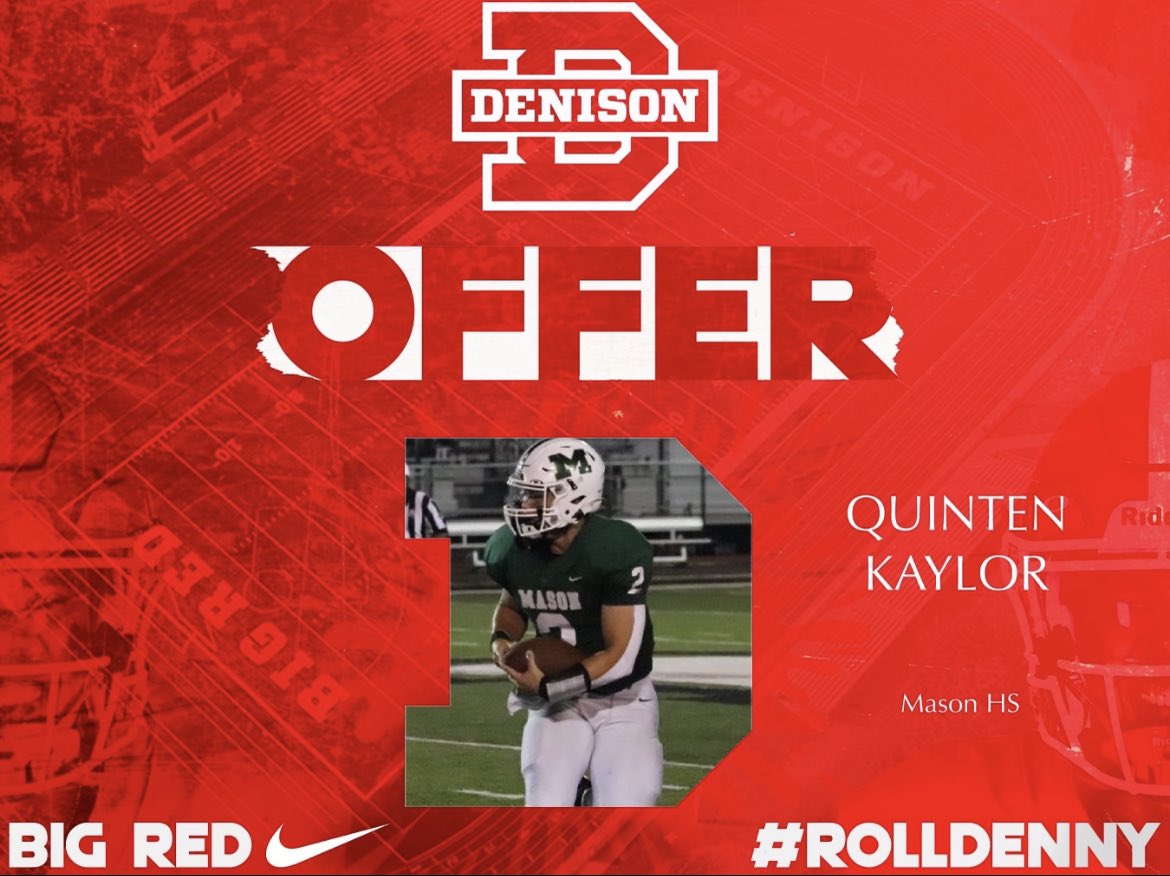 quintenkaylor (@quintenkaylor) on Twitter photo Following a great call with <a href="/coachhatem/">Jack Hatem</a>, I am happy to say I’ve received an offer from <a href="/DUFootball/">Denison Football</a>! <a href="/CoachCastner/">Brian Castner</a> <a href="/MasonCometsFB/">Mason Football</a> Following a great call with <a href="/coachhatem/">Jack Hatem</a>, I am happy to say I’ve received an offer from <a href="/DUFootball/">Denison Football</a>! <a href="/CoachCastner/">Brian Castner</a> <a href="/MasonCometsFB/">Mason Football</a>